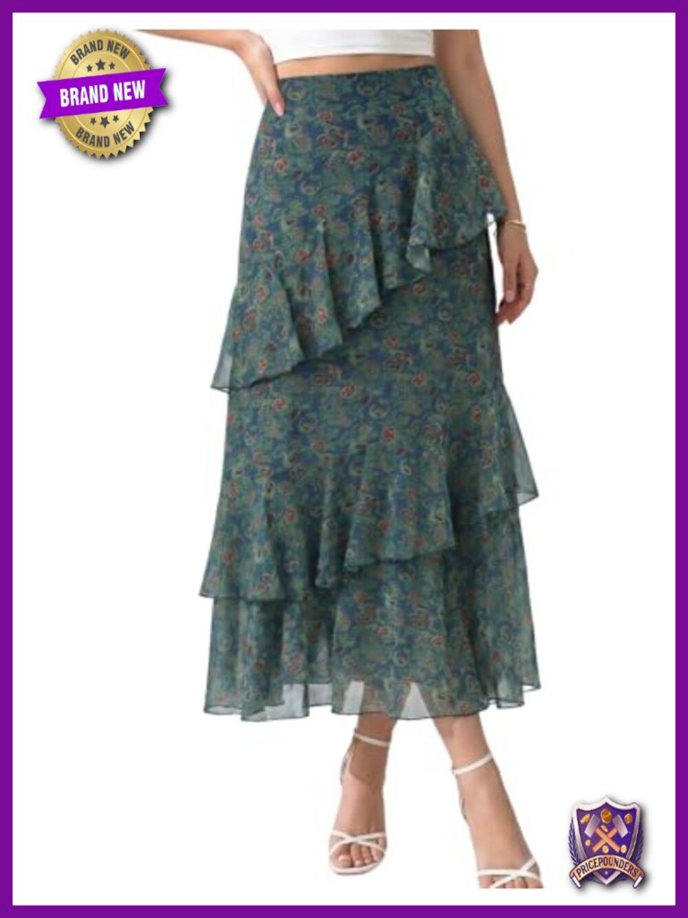 Boho Floral Midi Skirt A-Line Tiered Ruffle Chiffon Elastic High Waist